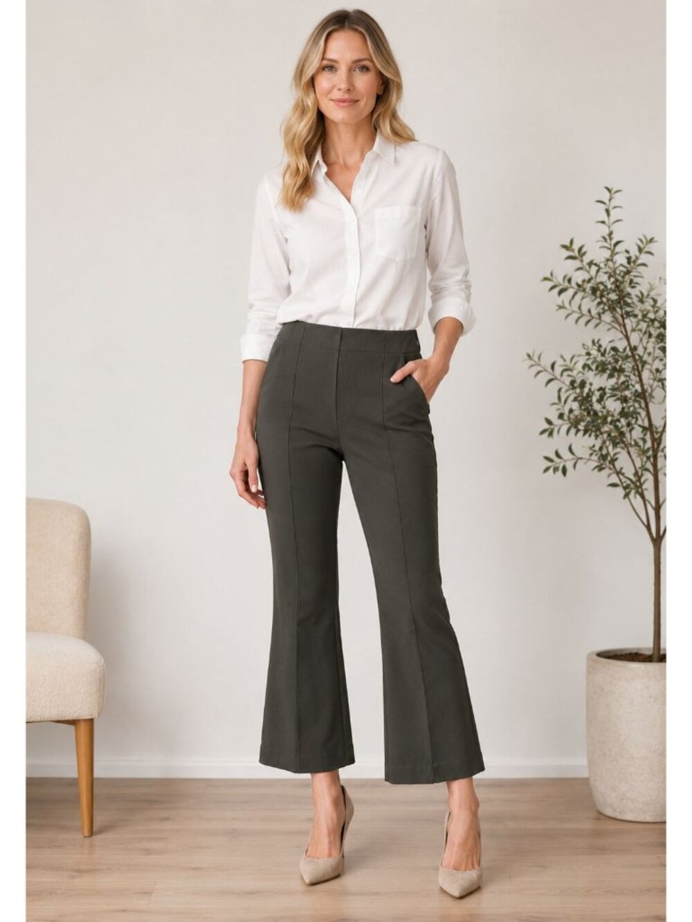 Ann Taylor LOFT Women's Dark Olive Crop Flare Pants Pintuck Pleat 6